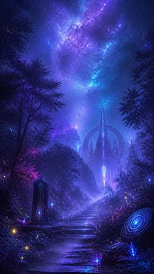 a mysterious forest path with fireflies and drifting mist, atmospheric vertical composition with open space at the top, no text
