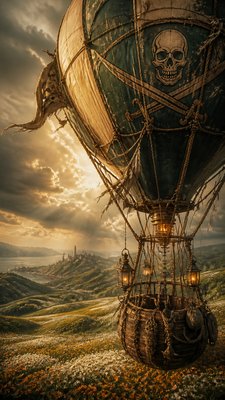 a hot air balloon drifting over rolling flower fields on a sunny day, cheerful, no text