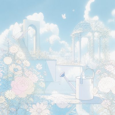 a garden scene with butterflies, flowers and a watering can, clean uncolored line art, no text