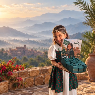 a little girl holding a box with a picture on it