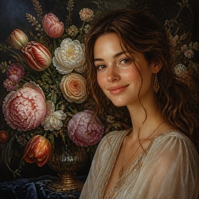 head-and-shoulders portrait of an original character: a young woman with wavy chestnut hair and a warm smile, plain soft backdrop