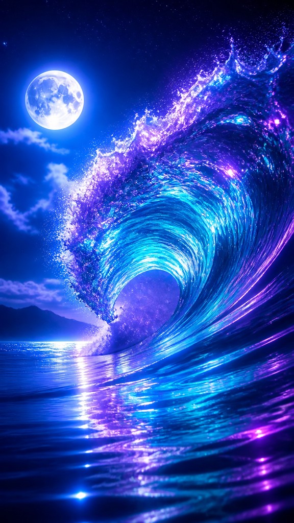 an ocean wave curling under moonlight, no people