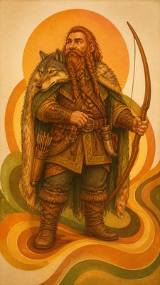 full-body original character: a dwarven ranger with a braided auburn beard, worn leather armor, a longbow and a wolf-pelt cloak, neutral background, no text