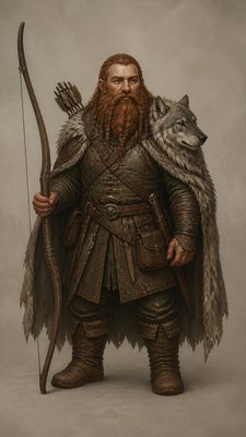 full-body original character: a dwarven ranger with a braided auburn beard, worn leather armor, a longbow and a wolf-pelt cloak, neutral background, no text