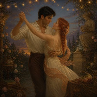 an original couple dancing under string lights in a garden at dusk: a man with short black hair in a linen shirt and a woman with braided red hair in a summer dress