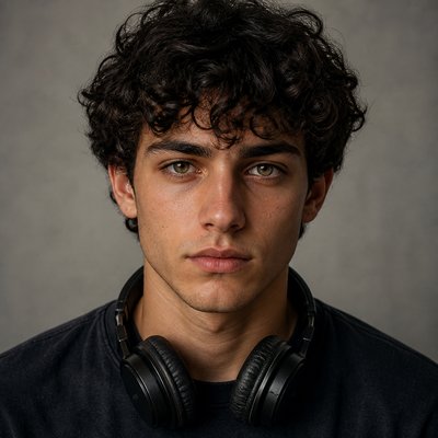 head-and-shoulders portrait of an original character: a young man with curly dark hair and headphones around his neck, plain backdrop, no text