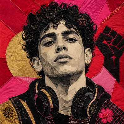 head-and-shoulders portrait of an original character: a young man with curly dark hair and headphones around his neck, plain backdrop, no text