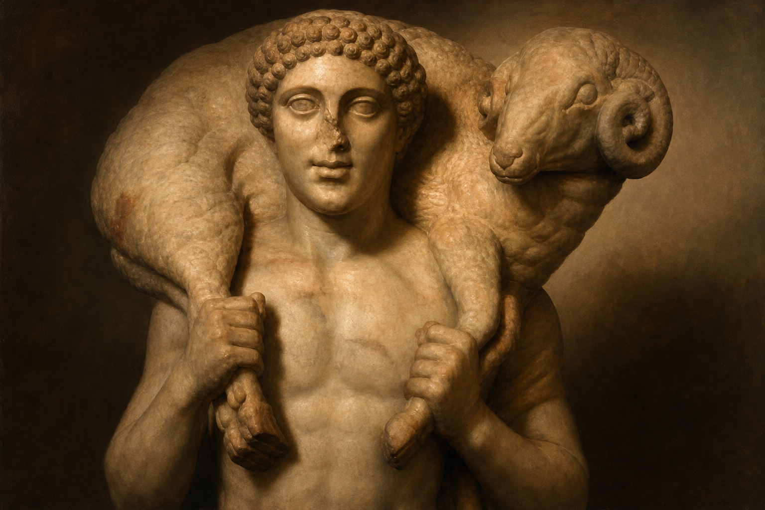 a statue of a man holding a sheep