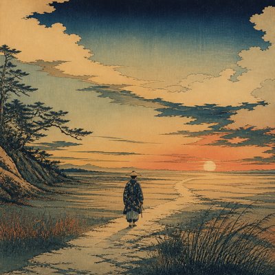 a solitary figure walking toward a glowing horizon across an empty plain, moody atmosphere, no text or lettering