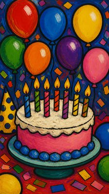 a birthday cake with lit candles surrounded by balloons and confetti, festive vertical composition, no text