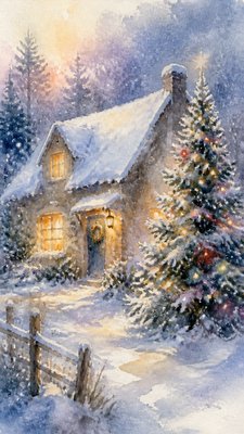a snow-covered cottage with warm glowing windows beside a decorated pine tree, gentle snowfall, no text