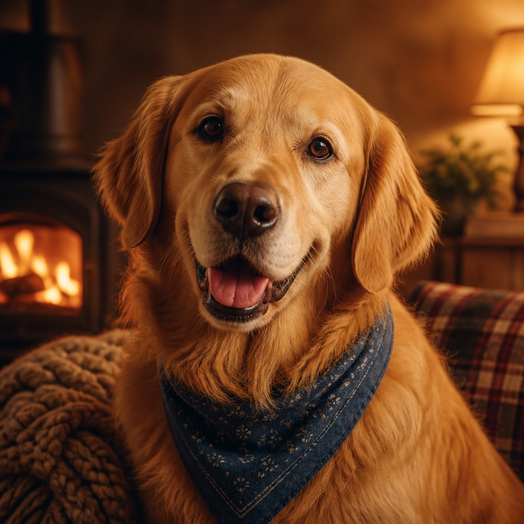 portrait of a golden retriever wearing a blue bandana, warm plain backdrop, no text