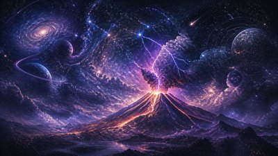 an erupting volcano with lightning strikes, dramatic wide composition, no text