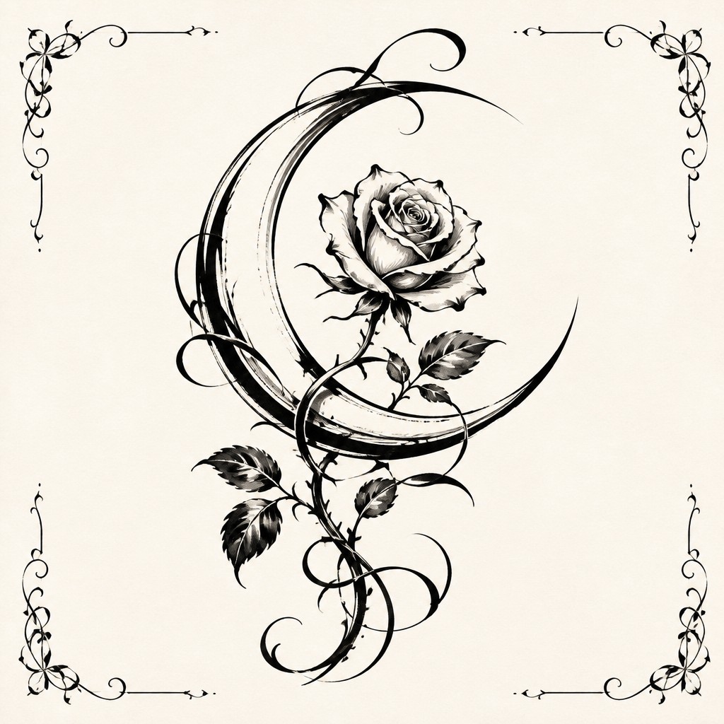 a rose entwined with a crescent moon, clean balanced composition on a plain background, no text