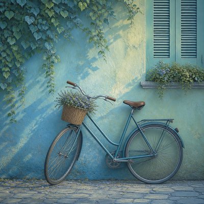 bicyle resting against a wall