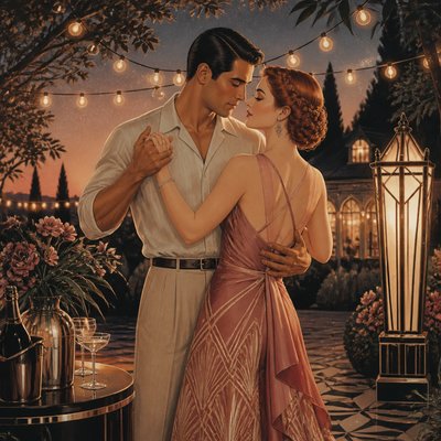 an original couple dancing under string lights in a garden at dusk: a man with short black hair in a linen shirt and a woman with braided red hair in a summer dress