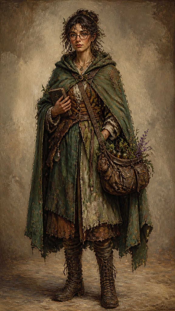 full-body original character: a wandering botanist with a satchel of plants, a patched green cloak, tall boots and round glasses, neutral background