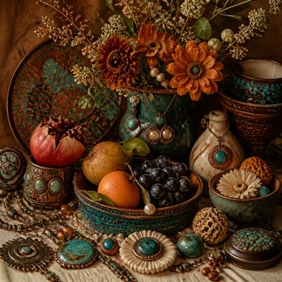 still life arrangement of fruits and flowers