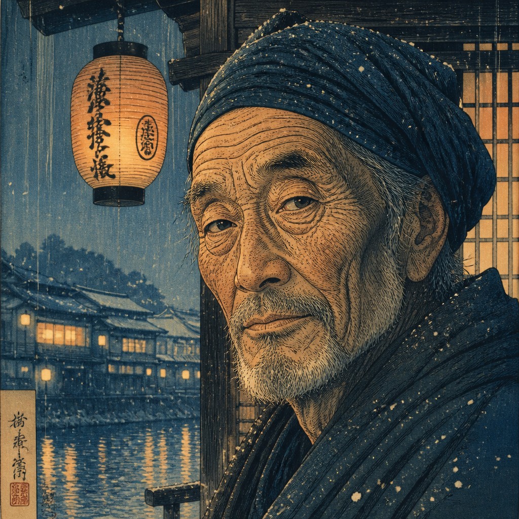 close-up portrait of an elderly person with expressive weathered features — Shin-hanga Print Style