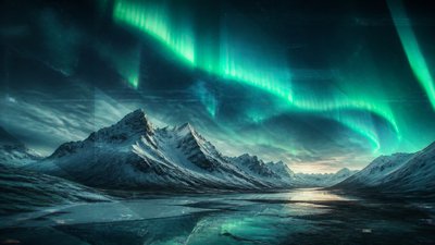a flowing aurora over snowy peaks, wide sweeping composition, no people, no text