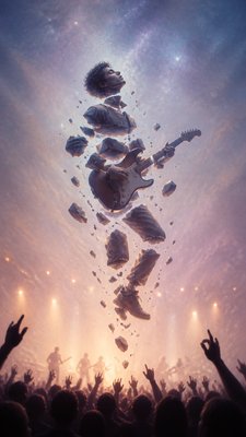 a live music scene with a glowing stage and silhouetted crowd, energetic vertical composition with open space at the top, no text