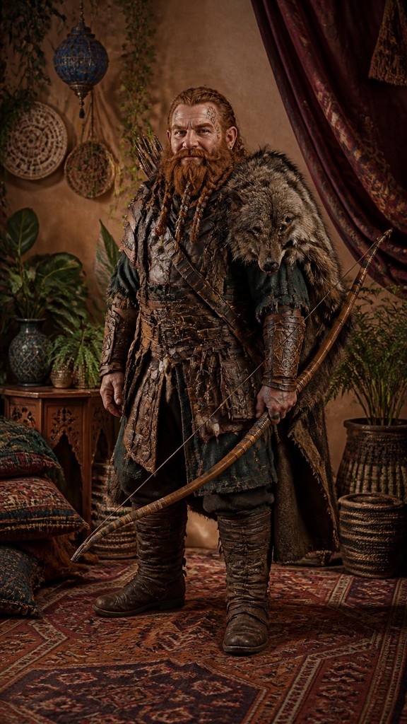 full-body original character: a dwarven ranger with a braided auburn beard, worn leather armor, a longbow and a wolf-pelt cloak, neutral background, no text