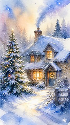 a snow-covered cottage with warm glowing windows beside a decorated pine tree, gentle snowfall, no text