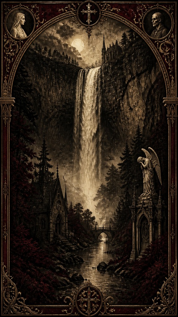 towering waterfall cascading down a cliff
