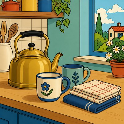 still life with everyday objects: a brass kettle, two ceramic mugs and folded linen on a kitchen counter, no people