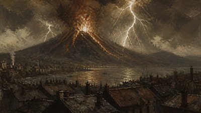 an erupting volcano with lightning strikes, dramatic wide composition, no text