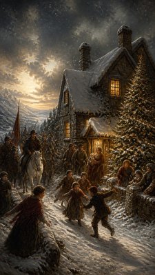 a snow-covered cottage with warm glowing windows beside a decorated pine tree, gentle snowfall, no text