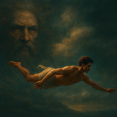 a painting of a man floating in the air