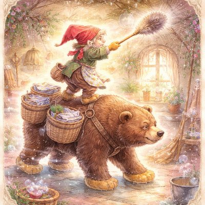 A charming, detailed children's book illustration in watercolor and colored pencil. A bustling, domestic gnome with a patterned apron over his clothes and a bandana tied around his pointed hat is perched on the back of a patient brown bear. The gnome is furiously dusting a high cobweb in a cottage corner with a long feather duster wielded like a sword. The bear is part of the crew: it has large sponges tied to its hind paws for floor polishing and wicker baskets overflowing with folded laundry strapped to its sides. The cottage room is sparkling clean but chaotic with flying suds and dust motes. Bright, cozy lighting.