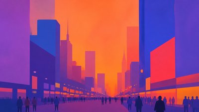 bustling city street panorama at dusk