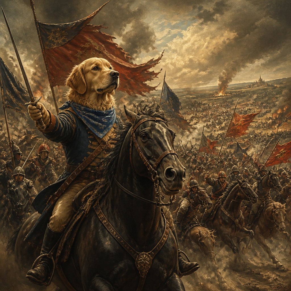 portrait of a golden retriever wearing a blue bandana, warm plain backdrop, no text