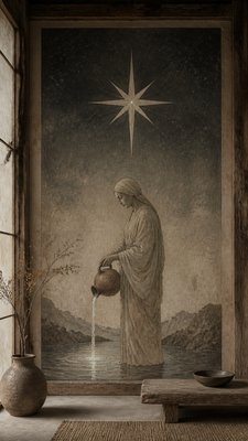 a robed figure pouring water beneath a large eight-pointed star in a night sky, symmetrical composition with an ornate decorative border, no text