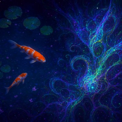 A koi pond seen from above, orange and white koi fish swimming among lily pads, clear water with subtle ripples, fallen cherry blossom petals floating on the surface, dappled sunlight