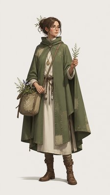 full-body original character: a wandering botanist with a satchel of plants, a patched green cloak, tall boots and round glasses, neutral background