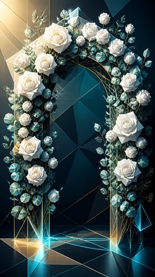 an arch of white roses and eucalyptus in soft morning light, elegant vertical composition with open space, no text