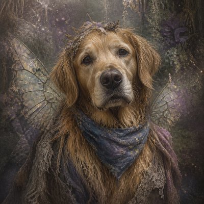 portrait of a golden retriever wearing a blue bandana, warm plain backdrop, no text