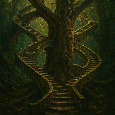  in the style of M.C. Escher, an array of endless staircases of impossible loops and bi-directional pathways, spiraling through a giant tree, Cinematic vibrant reflective jewel-toned colors, black background
