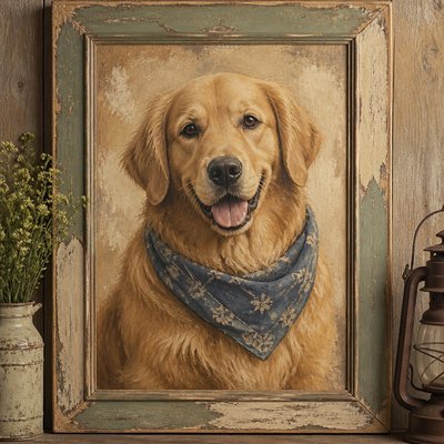 portrait of a golden retriever wearing a blue bandana, warm plain backdrop, no text