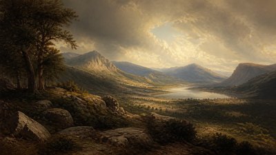 sweeping panoramic landscape with a dramatic sky