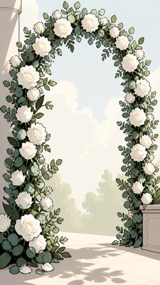 an arch of white roses and eucalyptus in soft morning light, elegant vertical composition with open space, no text