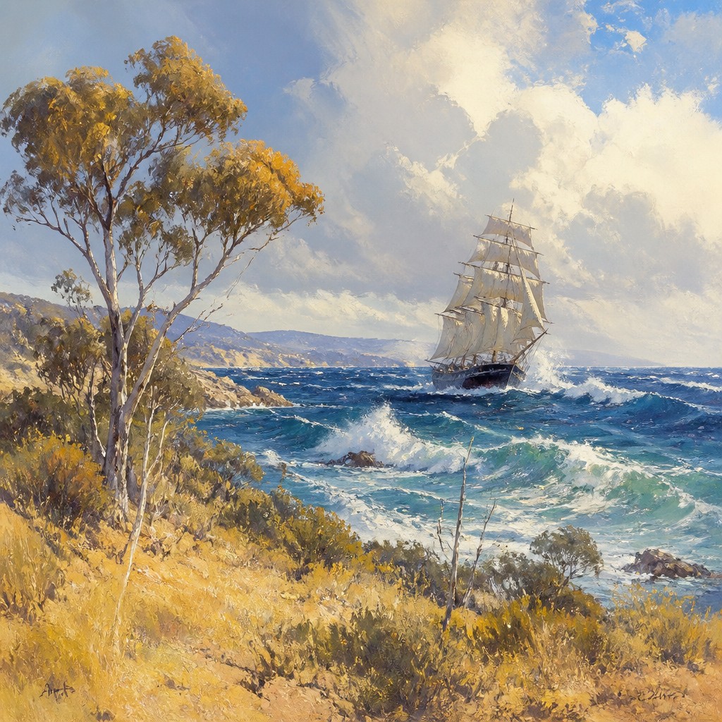 sailing ship on a stormy sea — Australian Art Style