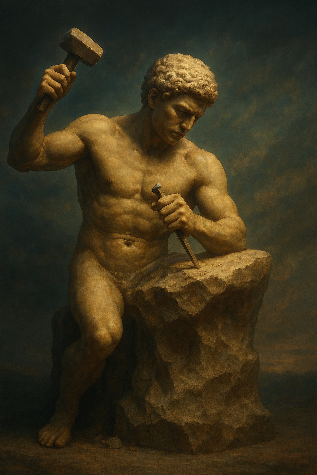 a statue of a man holding a hammer and a rock