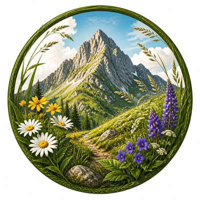 an emblem of a mountain peak inside a circle, simple bold shapes on a plain background, no text or lettering