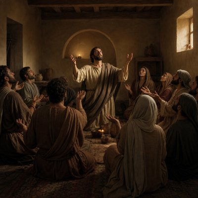 early Christians standing in a house church with outstretched arms in prayer