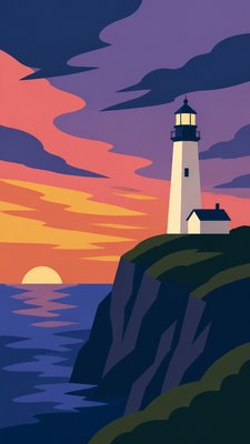 a lone lighthouse on a cliff at dusk under a dramatic sky, no text or lettering