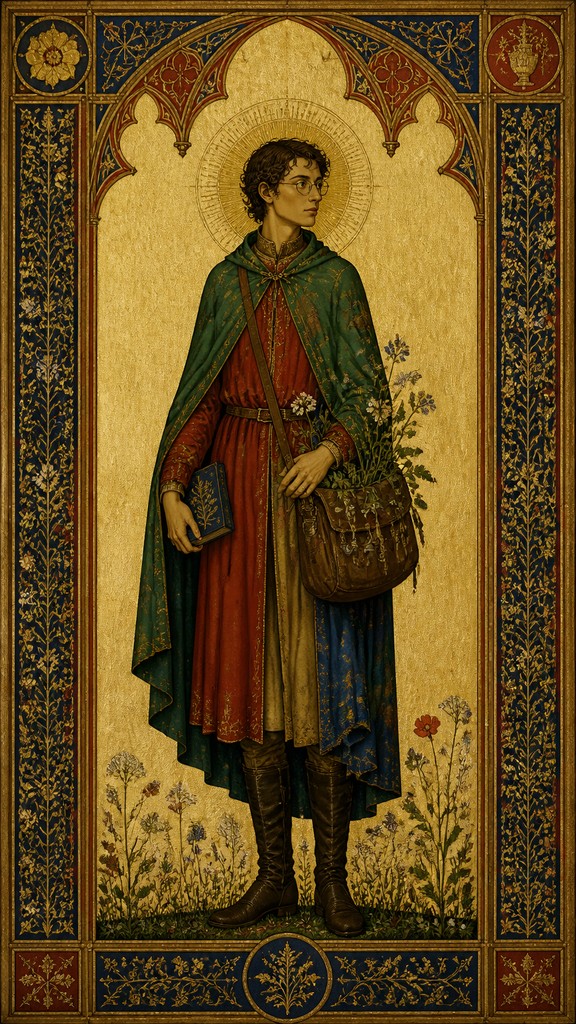 full-body original character: a wandering botanist with a satchel of plants, a patched green cloak, tall boots and round glasses, neutral background